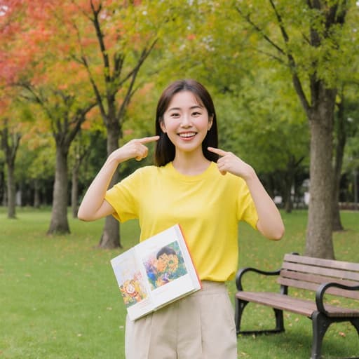 이 이미지는 밝은 색상의 티셔츠와 편안한 바지를 입은 30대 한국 여성의 반신 촬영을 보여줍니다. 그녀는 배고픈 표정을 지으며 눈을 크게 뜨고 입을 다물고, 한 손에 다채로운 그림책을 들고 다른 손으로 배를 가리키며 스트레칭하고 있습니다. 평화로운 공원 배경은 푸른 나무와 벤치로 가득 차 있어 장면의 장난기 있는 성격을 더욱 강조합니다.