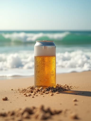 모르는 브랜드의 캔맥주가 모래 해변에 놓여 있고, 배경에는 파도가 몰아치고 있으며, 상쾌하고 활기차며 여름 같은 느낌이다.
