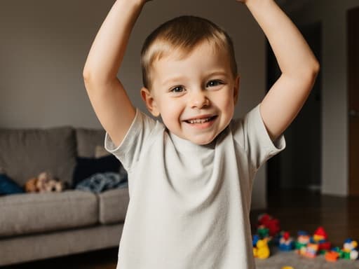 이미지에는 아늑한 거실에서 장난스럽고 즐거운 표정을 지으며 스트레칭하는 7세 유럽계 남아가 등장합니다. 그는 편안한 티셔츠와 반바지를 입고 있으며, 배경에는 소파와 놓인 장난감이 있어 따뜻한 분위기를 더합니다.