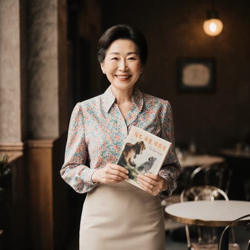 우아한 60대 한국인 여성이 아늑한 카페에서 화사한 블라우스와 심플한 스커트를 입고 서 있습니다. 그녀는 한 손에 동물 관련 서적을 들고 있으며, 동물에 대한 사랑을 표현하는 따뜻한 미소를 짓고 있습니다. 카페의 따뜻한 조명과 아늑한 분위기가 그녀의 우아함을 더욱 돋보이게 합니다.