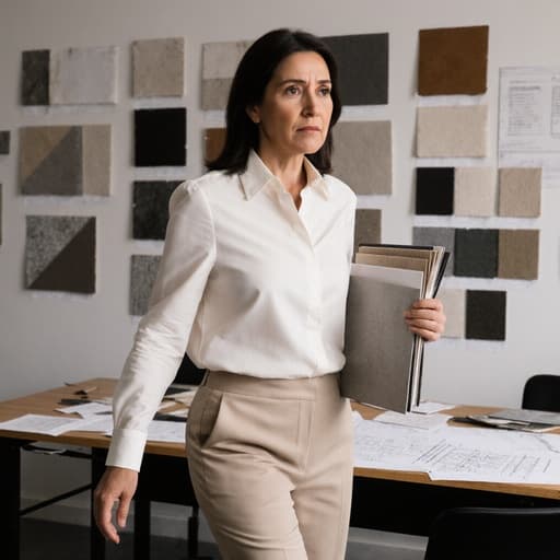 40대 라틴계 여성의 반신 사진으로, 블라우스와 슬랙스를 입고 건축 자재 샘플을 들고 걷고 있는 걱정스러운 표정을 짓고 있습니다. 그녀의 뒤에는 다양한 자재 샘플이 붙어 있는 프로젝트룸과 디자인 스케치가 있는 테이블이 있어 전문적이고 창의적인 분위기를 전달합니다.