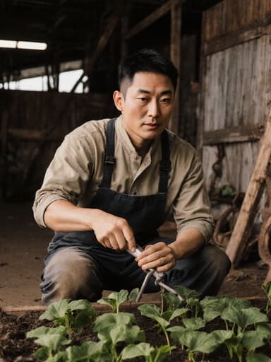 30대 동양인 남성이 실내 농장 작업 공간에 앉아 편안한 농업 작업복을 착용하고 있습니다. 농작물 관리 도구를 손에 쥐고 열정적이고 집중하는 표정을 지으며 자연스럽고 매력적인 분위기 속에서 농업에 대한 헌신을 나타내고 있습니다.