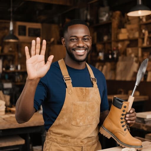 30대 흑인 남성이 작업복과 작업화를 입고 한 손으로 인사하며 다른 손에 목공 도구를 들고 미소 짓고 있는 반신 샷. 따뜻한 느낌의 목재 인테리어가 돋보이는 아늑한 카페가 배경을 이루어, 친근한 분위기를 더합니다.