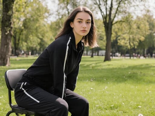 자연스러운 외모를 가진 10대 후반의 유럽계 여성은 운동복을 입고 공원의 의자에 앉아 있습니다. 그녀는 몸을 앞으로 기울이며 집중한 표정으로 춤 동작을 연습하고 있으며, 주변은 푸른 잔디와 나무들로 둘러싸여 있습니다.