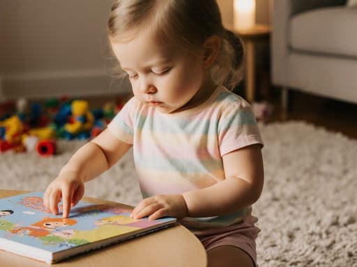 편안한 파스텔 색상의 티셔츠와 반바지를 입고, 테이블 위의 색깔이 그려진 책을 가리키고 있는 졸린 표정을 한 3세 백인 소녀의 반신 촬영. 부드러운 조명과 장난감이 놓인 카펫이 있는 아늑한 거실에서 따뜻하고 놀이적인 분위기를 자아내는 이미지입니다.