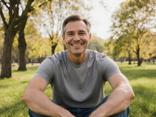 40대 혼혈 남성이 자연스러운 외모를 가진 편안한 티셔츠와 청바지를 입고, 매력적인 미소를 지으며 공원에 크로스 레그로 앉아 있는 모습의 반신 사진. 배경은 아름다운 나무와 잔디로 이루어져 있어 평화로운 분위기를 자아냅니다.