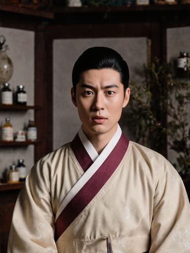 20대 백인 남성이 전통 한복을 입고, 한약 조제실에서 약재를 정리하며 놀란 표정을 짓고 있는 모습이 담긴 반신 촬영 이미지입니다. 주변에는 다양한 약재와 도구들이 진열되어 있습니다.