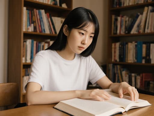 아늑한 스터디룸의 테이블에 앉아 있는 10대 초반 한국인 소녀가 편안한 티셔츠와 청바지를 입고 있습니다. 지루한 표정을 지으며 펼쳐진 책을 바라보며 페이지를 넘기려는 손을 들고 있습니다. 배경에는 책장과 따뜻한 조명이 있어 아늑한 분위기를 연출합니다.