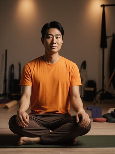 30대 아시아계 남성이 밝은 색상의 요가복을 착용하고 요가 매트 위에 서 있는 반신 사진으로, 아름답게 조명된 요가 공간에서 요가 용품들로 가득 차 있으며 평온함과 자신감을 발산하고 있습니다.