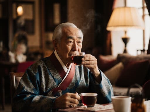 80대 백인 남성이 전통적인 한복을 입고 아늑한 카페 테이블에 앉아 차를 마시는 모습의 반신 사진. 그는 차분한 표정을 지으며, 전통적인 장식과 따뜻한 조명이 있는 아늑한 거실에서 편안한 분위기를 느끼고 있습니다.