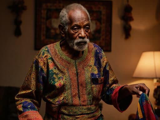 전통 의상을 입은 80대 아프리카 남성이 피곤한 표정을 지으며 전통 무용의 동작을 하면서 걷고 있는 모습의 반신 촬영이 있으며, 따뜻한 조명이 비춰진 아프리카 전통 장식이 있는 거실 배경입니다.