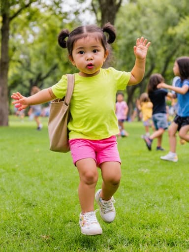 공원에서 밝은 색의 티셔츠와 반바지를 입고 가방을 메고 즐겁게 춤추고 있는 귀여운 3세 라틴계 여아의 전신 샷. 배고픈 표정을 지으며 작은 입술을 찡그리고 간절한 눈빛을 보내고 있으며, 배경에는 어린이들이 뛰어놀고 있는 푸른 잔디와 나무들이 있는 모습이 펼쳐져 있습니다.