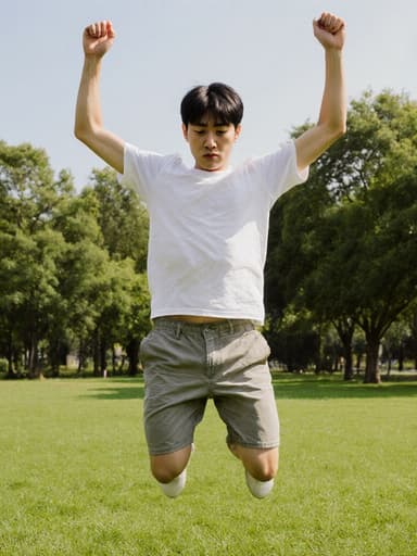 20대 아시아계 남성이 캐주얼한 티셔츠와 반바지를 입고 지루한 표정을 지으며 손을 위로 뻗고 점프하는 모습이 담긴 전신 사진입니다. 배경은 푸른 잔디와 나무가 있는 공원 풍경으로, 장난스럽지만 무관심한 분위기를 연출합니다.