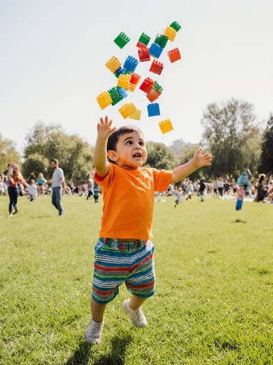이 이미지는 밝은 티셔츠와 반바지를 입은 1세의 중동계 남아가 공원에서 점프하며 레고 블록을 하늘로 던지는 모습과 주변에서 가족들이 즐거운 시간을 보내는 푸른 잔디를 배경으로 담고 있습니다.