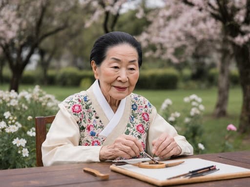 80대의 한국인 여성으로, 섬세한 자수가 돋보이는 전통 한복을 입고 테이블에 앉아 전통 공예 도구에 집중하며 지혜로운 표정과 조용한 미소를 띠고 있습니다. 배경에는 평화로운 공원이 아름다운 나무와 꽃으로 장식되어 있어 조화로운 분위기를 자아냅니다.