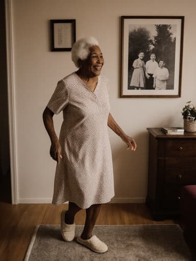 70대 흑인 여성이 아늑한 거실에서 가족 사진을 바라보며 부드럽게 춤추는 모습을 담은 반신 사진으로, 편안한 옷을 입고 행복한 표정을 지으며 가족 사랑의 따뜻한 장면을 연출합니다.