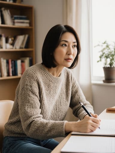 40대 한국인 여성의 반신 사진이 편안한 거실의 책상에 앉아 찍혔습니다. 그녀는 편안한 니트 스웨터와 청바지를 착용하고 있으며, 펜을 쥐고 놀란 표정으로 메모장에 집중하고 있습니다. 배경에는 책장과 창가에 놓인 식물이 있어 따뜻한 분위기를 더하고 있습니다.
