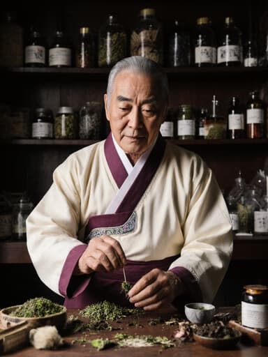 60대 아시아계 남성이 전통 한복을 입고 한약재를 조리하며 신중하게 재료를 다루고 있는 모습의 반신 사진. 전통 한약 조제실에서 정리된 한약재와 도구들로 둘러싸여 전문가로서의 자신감과 평온함을 전달합니다.
