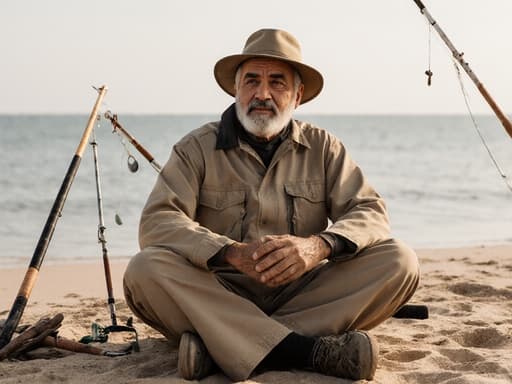 50대 중동계 남성이 낚시 작업복과 낚시 모자를 착용하고 조용한 해변에 다리를 교차하여 앉아 있습니다. 그는 피곤하지만 만족스러운 표정을 지으며, 주변에 낚시 도구들이 흩어져 있어 헌신적인 어부의 본질을 담고 있습니다.