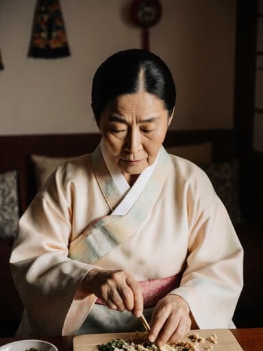 부드러운 파스텔톤의 전통 한복을 입은 70대 동양인 여성이 전통 장식이 있는 아늑한 거실에서 음식 준비를 하고 있는 모습입니다. 그녀는 식탁에 앉아 재료를 다듬고 있으며, 피곤하지만 집중한 표정으로 전통 한국 요리의 따뜻함과 풍부함을 반영하고 있습니다.