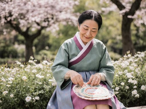 70대 아시아계 여성의 반신 상반신 촬영으로, 전통 한복을 입고 고마운 표정을 지으며 따뜻한 미소를 짓고 있습니다. 그녀는 다리를 뻗고 앉아 전통 공예품을 손으로 만지며, 아름다운 공원이 배경으로 나무와 꽃들이 조화롭게 어우러져 이 장면의 고요한 분위기를 더하고 있습니다.