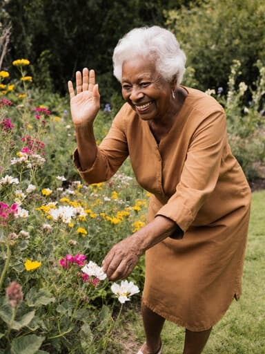 80대 아프리카계 여성의 반신 사진으로, 자연스러운 외모를 가진 분이 따뜻한 색상의 원피스와 편안한 신발을 착용하고 있습니다. 그녀는 아름답게 꾸며진 정원에서 꽃을 가꾸며 따뜻한 미소를 지으며 행복한 표정을 짓고 있습니다. 배경은 다양한 색상의 꽃들과 푸르른 식물들로 가득 차 있어 그녀의 기쁜 표정을 잘 드러내는 생동감 넘치는 분위기를 만들어냅니다.