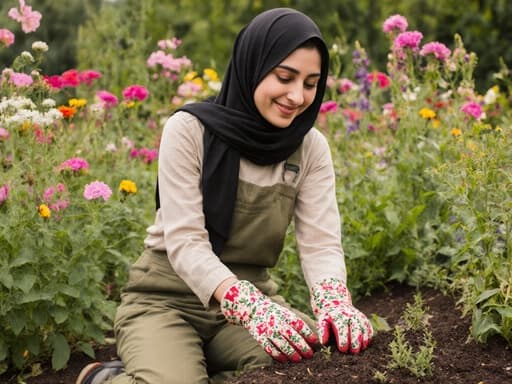 20대 중동계 여성이 편안한 작업복과 꽃무늬 장갑을 착용한 채, 푸른 정원에서 식물들을 돌보며 앉아 있는 반신샷입니다. 그녀는 주변의 흙과 꽃들과 상호작용하며 고급스러운 미소를 지으며 자연 속에서 평화롭고 즐거운 순간을 체험하고 있습니다.