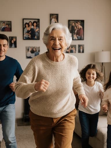 80대 혼혈 여성이 아늑한 거실에서 가족과 함께 기쁘게 달려가고 있는 모습의 전신 샷, 따뜻한 색상의 니트 스웨터와 바지를 입고 지혜롭고 행복한 미소를 짓고 있습니다.