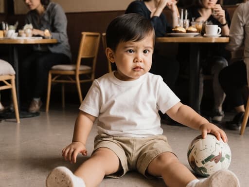 혼혈 3세 남자 아동이 아늑한 카페의 바닥에 앉아 한 손으로 공을 쥐고 있습니다. 편안한 티셔츠와 반바지를 입고 있으며, 배고프고 아쉬운 표정을 짓고 있습니다. 카페 안은 테이블과 의자들로 가득 차 있으며, 손님들이 커피와 디저트를 즐기고 있어 따뜻하고 아늑한 분위기를 자아냅니다.