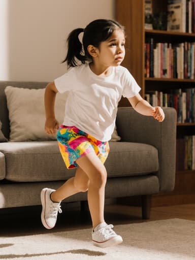 7세 라틴계 소녀가 편안한 티셔츠와 밝은 색상의 반바지, 운동화를 입고 전체 모습이 담긴 사진이 촬영되었습니다. 그녀는 지루한 표정을 지으며 주변을 바라보면서 숨바꼭질을 하는 듯한 역동적인 달리는 자세를 취하고 있습니다. 배경에는 소파와 책장이 있는 아늑한 거실이 있어 따뜻한 분위기를 더해주며, 전체적으로 즐겁고 편안한 느낌을 줍니다.