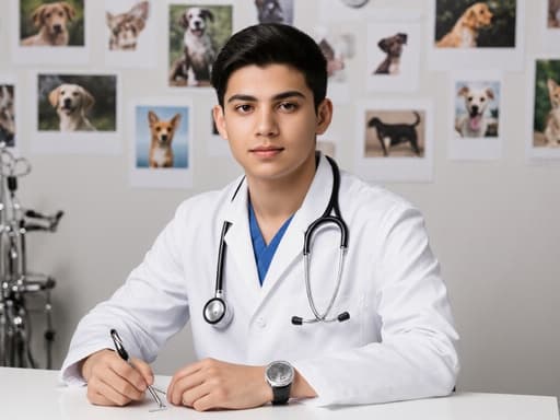 자신감 있는 라틴계 남자 어린이가 의사 가운을 입고 청진기를 걸고, 테이블에 앉아 동물 진료 도구를 들고 있는 모습. 따뜻하고 초대하는 분위기의 동물 병원 진료실 배경.