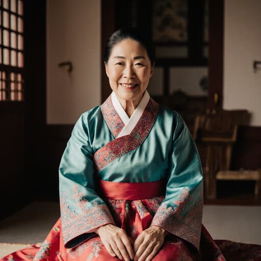 이 이미지는 70대 한국인 여성이 전통 한복을 입고 따뜻한 미소를 지으며 행복함을 표현하는 반신 촬영을 담고 있습니다. 그녀는 전통 춤을 준비하며 다리를 교차하고 앉아 있으며, 아늑한 찻집의 고요한 배경에서 촬영되었습니다. 부드러운 조명이 한복의 아름다움과 찻집의 환영하는 분위기를 강조합니다.