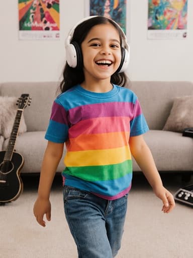 7세의 라틴계 소녀가 아늑한 거실에서 음악을 들으며 기쁘게 걷고 있는 모습의 이미지로, 화려한 티셔츠와 편안한 청바지를 입고 있으며, 얼굴에는 큰 미소가 가득합니다. 배경은 음악 관련 포스터와 악기가 더해져 따뜻하고 매력적인 분위기를 자아냅니다.