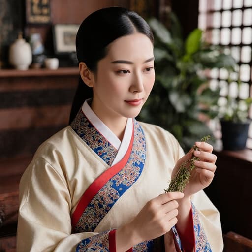 40대의 자연스러운 외모를 가진 여성이 전통 한복을 입고, 한 손으로 한방 약재를 들고 감상하며 우아한 표정을 짓고 있는 모습의 반신 사진. 아름답게 꾸며진 한의원 내부에는 전통 소품과 식물이 배치되어 있으며, 차분하고 우아한 분위기를 풍깁니다.