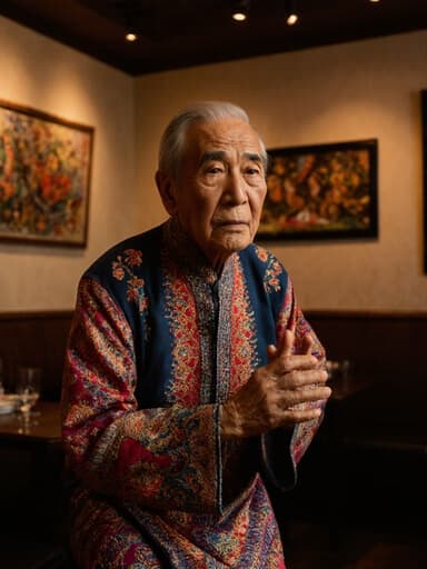 이미지에서는 70대의 혼혈 남성이 화려한 전통 의상을 입고 아늑한 카페에서 춤추고 있는 전체 몸샷을 담고 있습니다. 그 남성은 걱정스러운 표정을 짓고 손을 들어올리며 무릎을 살짝 구부린 자세로, 따뜻하고 초대하는 배경에서 문화적 공연의 본질을 포착한 역동적인 포즈를 보여줍니다.