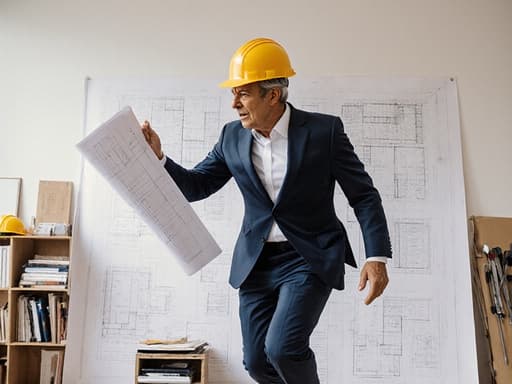 긴급한 상황을 맞이하는 듯한 긴장한 표정의 60대 라틴계 남성이 전문가 느낌의 정장과 안전모를 착용하고, 도면을 들고 점프하는 자세로 촬영된 반신 사진입니다. 배경은 다양한 건축 도면과 도구로 정리된 도면실로, 긴급함과 활기를 반영하고 있습니다.