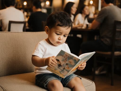 아늑한 카페에서 소파에 앉아 편안한 티셔츠와 반바지를 입고 있는 귀여운 혼혈 1세 남아가 그림책을 들고 지루한 표정을 지으며, 주변에서 사람들이 대화하는 모습이 담긴 이미지입니다.