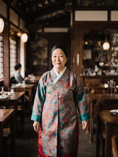 전통 한복을 입은 70대 아시아계 여성이 아늑한 한국 전통 차 카페에서 천천히 걸으며 주변을 즐기는 모습의 전신 사진. 만족스러운 표정을 지으며 차분한 분위기를 느끼고 있습니다.