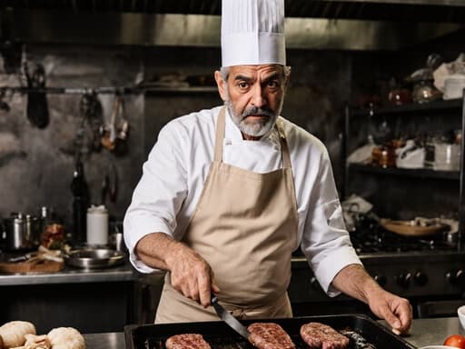 60대 중동계 남성이 주방에서 당황한 표정으로 그릴 앞에 서서 고기를 뒤집으려 하고 있습니다. 셰프 모자와 앞치마를 착용한 그의 백발 섞인 머리와 주름이 자연스러운 외모를 강조하며, 다양한 재료와 조리 도구들이 어지럽게 놓인 주방 배경이 혼란스러운 순간을 부각시킵니다.