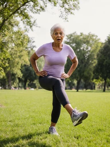 60대의 자연스러운 외모를 가진 흑인 여성이 편안한 운동복과 스트레칭을 위한 신발을 착용하고 반신 촬영된 모습입니다. 그녀는 당황한 표정을 지으며 두 손을 허리에 얹고 한쪽 다리를 올려 스트레칭하는 자세를 취하고 있습니다. 푸른 잔디와 나무들이 있는 공원 배경에서 자연스러운 조명이 전체적인 생동감과 주위와의 연계를 더해줍니다.