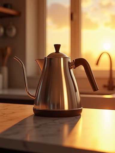 부엌 조리대에 따뜻한 황금빛 노을로 비추어진 주전자, 부드러운 반사와 그림자가 따뜻하고 초대하는 평화로운 분위기를 만들어냅니다.