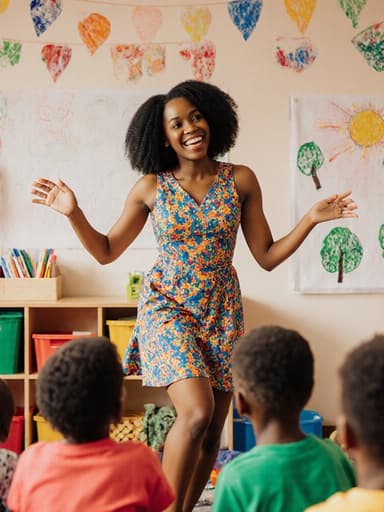 20대의 아프리카계 여성이 화사한 유치원 교사 원피스를 입고 반신 촬영된 모습입니다. 그녀는 자연스럽고 밝은 외모를 지니며, 아이들을 향해 우아하게 미소 지으며 즐겁게 춤추고 있습니다. 아기자기한 장식과 아이들이 그린 그림들로 가득한 유치원 내부에서, 생기 넘치는 분위기를 연출하고 있습니다.