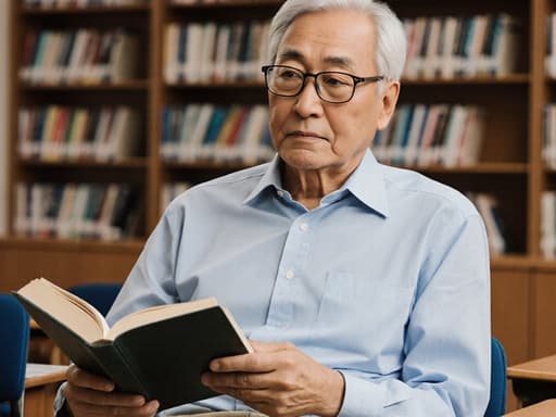 편안한 셔츠와 바지를 입고 안경을 쓴 60대 아시아 남성이 책을 읽고 있는 모습의 반신 사진. 뒤에는 책장이 있는 아늑한 강의실이 배경으로, 차분한 분위기를 자아냅니다.