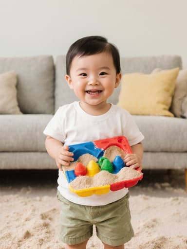 편안한 티셔츠와 반바지를 입은 사랑스러운 1세 남성 아시아계 아기가 모래놀이 세트를 들고 행복하게 서 있는 전체 신체 샷입니다. 그는 매력적인 미소를 짓고 있으며, 기쁨과 순수를 발산하고 있습니다. 배경은 부드러운 색상의 거실로, 바닥에 모래가 흩어져 있어 장난기 가득한 분위기를 만들어내며 장면의 즐거운 기분을 더욱 강조합니다.