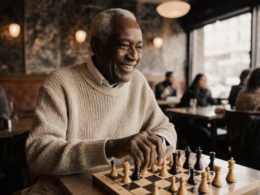 아늑한 카페에서 체스를 두고 있는 80대 아프리카계 남성이 자연스러운 외모로 따뜻하게 미소를 지으며 반신 촬영된 모습입니다. 그는 편안한 니트 스웨터와 바지를 입고 있으며, 주변에 다른 손님들이 있는 테이블에 앉아 있습니다. 아늑한 분위기가 느껴집니다.