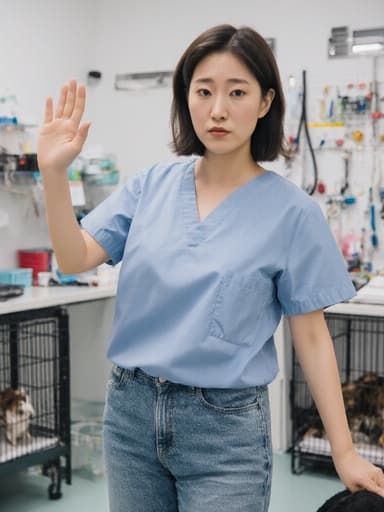 30대 한국인 여성의 반신 샷으로, 자연스러운 외모의 그녀는 의사 가운과 청바지를 입고 동물 병원에 서 있습니다. 그녀는 지루한 표정을 지으며 손을 흔들며 인사하는 자세를 취하고 있습니다. 배경에는 동물 병원의 여러 동물들이 있어, 그녀의 태도와 대조되는 활기찬 분위기를 만들어냅니다.