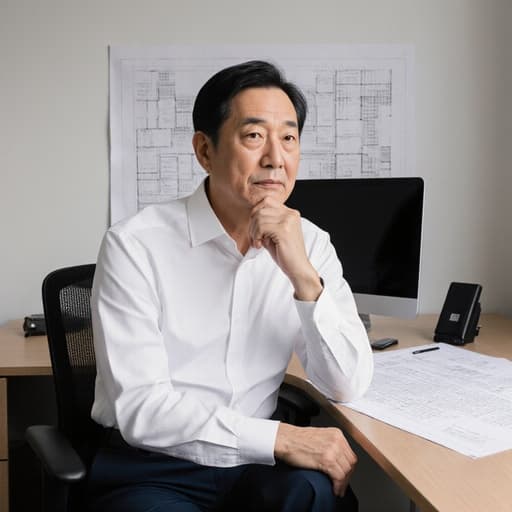 40대 아시아계 남성이 자연스러운 외모로 흰색 셔츠와 어두운 색 정장 바지를 입고 있는 반신 샷. 그는 현대적인 사무실에 앉아 턱을 손가락으로 괴고 살짝 찡그린 표정으로 생각에 잠긴 모습입니다. 배경에는 건축 도면과 컴퓨터가 있는 책상이 있어 전문적인 분위기를 연출합니다.
