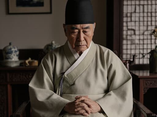 이 이미지는 전통 한복을 입고 있는 80대 한국인 남성이 빈티지 거실에 앉아 깊은 사색에 잠긴 모습을 담고 있습니다. 전통 한국 건축 요소와 고풍스러운 가구가 어우러져 따뜻하고 회상적인 분위기를 자아냅니다.