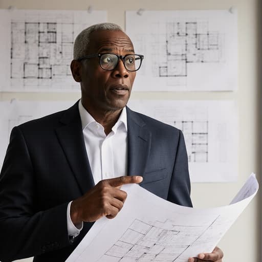 50대 아프리카계 남성이 세련된 정장과 안경을 착용하고 놀란 표정을 지으며 도면을 들고 한 손으로 도면의 특정 부분을 가리키고 있는 모습. 배경은 도면이 벽에 걸려 있는 건축 사무실이다.