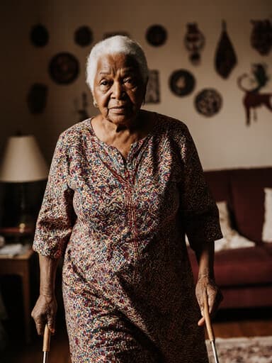 70대의 자연스러운 외모를 지닌 흑인 여성이 전통 공예품으로 장식된 아늑한 거실을 천천히 걸어가고 있는 전신 사진입니다. 그녀는 전통적인 패턴이 있는 원피스를 착용하고 있으며 약간 지루한 표정을 짓고 있습니다. 손에는 전통 공예 도구를 들고 있어 예술과의 연결을 강조합니다. 따뜻한 조명과 아늑한 분위기의 거실이 전체 장면을 더욱 돋보이게 하며, 그녀와 주변 공예의 문화적 맥락에 초점을 맞추고 있습니다.